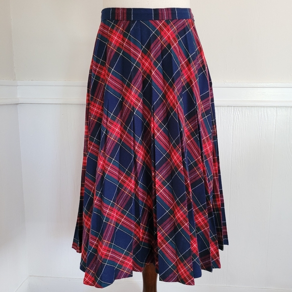 Vintage Dresses & Skirts - Vintage Plaid Pleated A-Line Midi Skirt Large